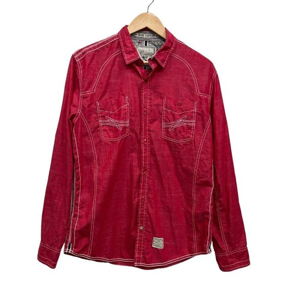 Drill Clothing Mens Red Roll Tab Sleeve Slim Fitting Button Up Shirt Size M - Picture 1 of 12